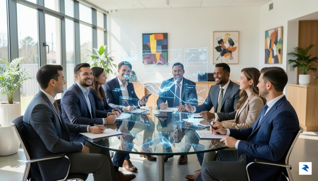 A diverse team of professionals in a modern office collaborating&hellip;
