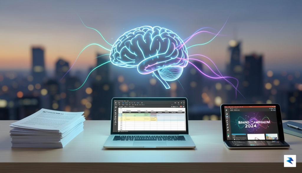 A conceptual illustration showing a digital brain silhouette hovering over&hellip;