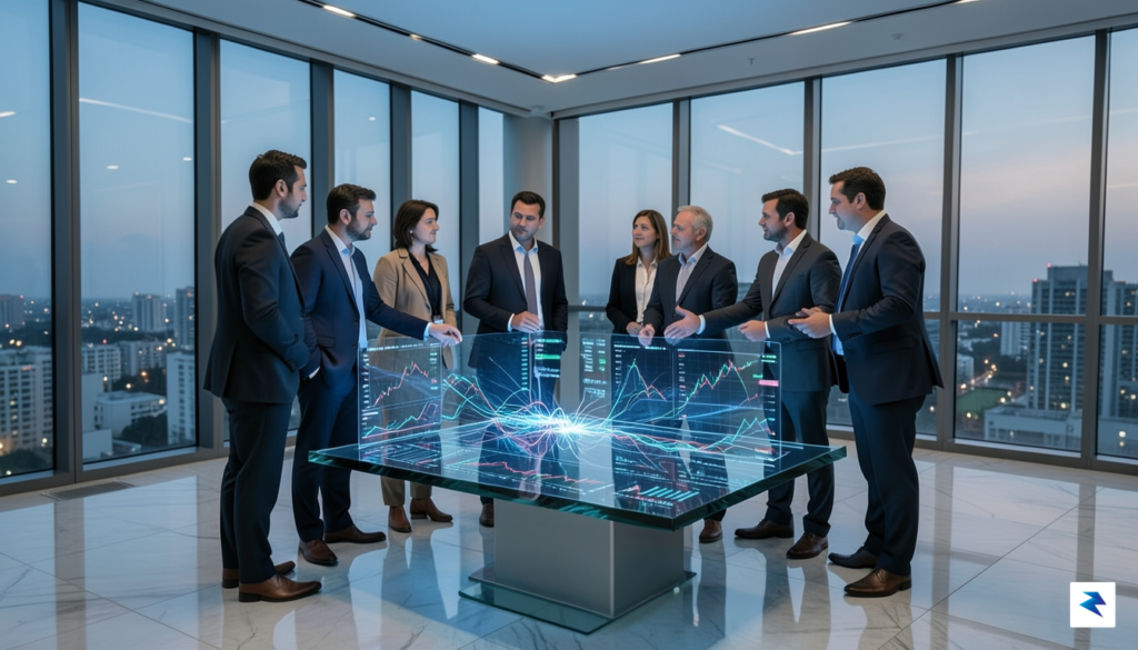 A wide-angle, cinematic shot of a diverse group of economists&hellip;