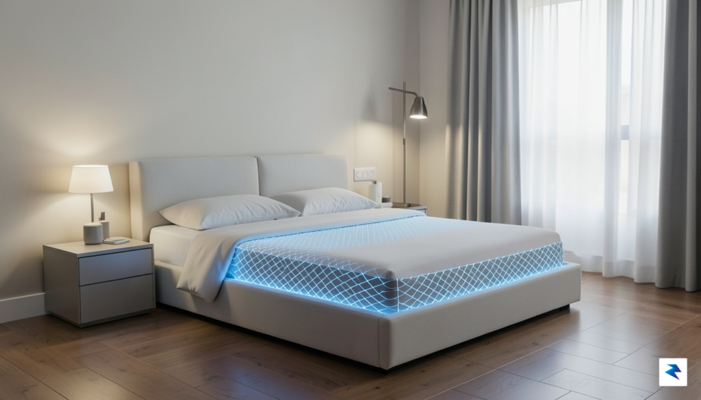 A sleek, modern bedroom interior featuring the Eight Sleep Pod…