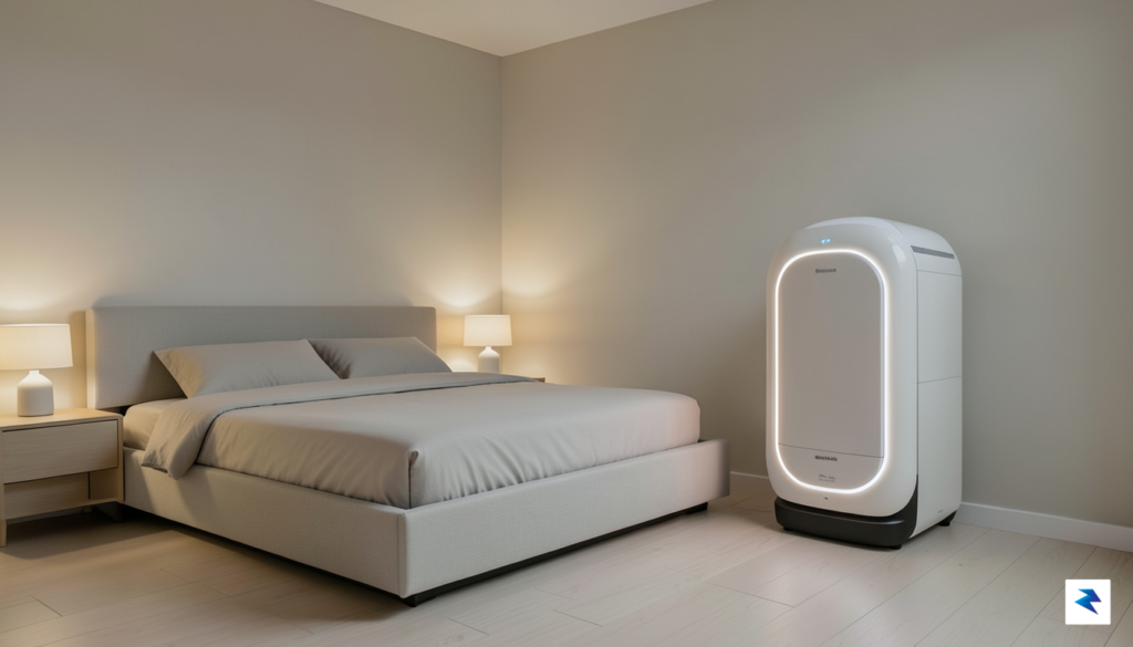 A modern, minimalist bedroom with a sleek Eight Sleep Pod…