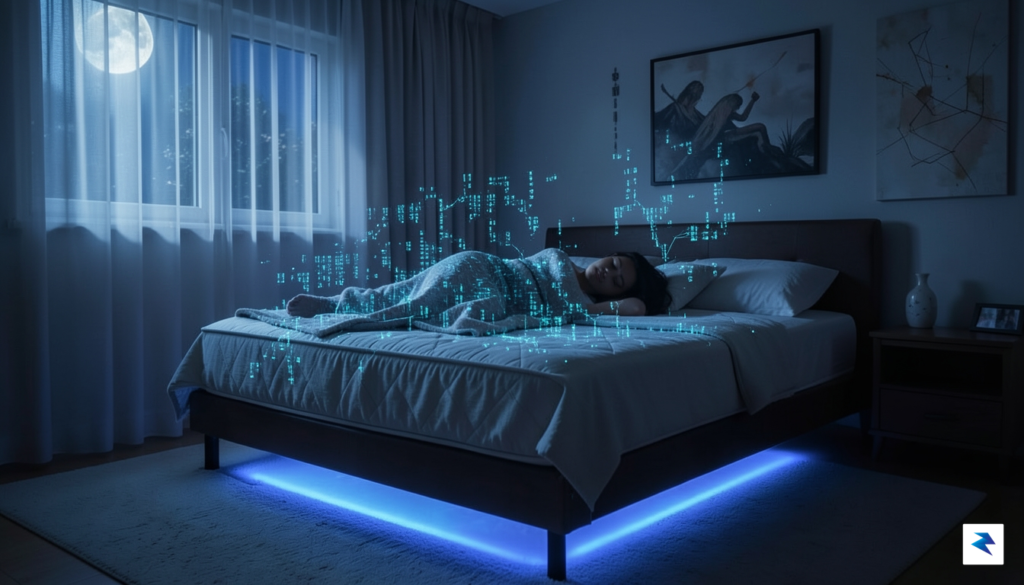 A conceptual, slightly moody photograph of a bedroom at night,…