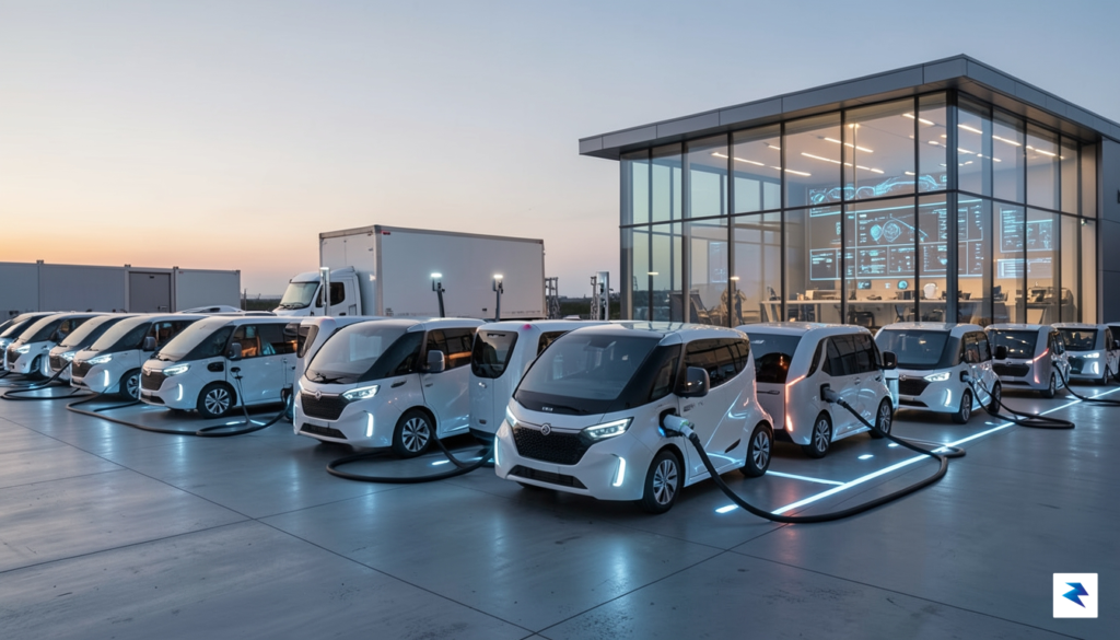 A modern, high-tech electric trucking hub at dusk, featuring rows…