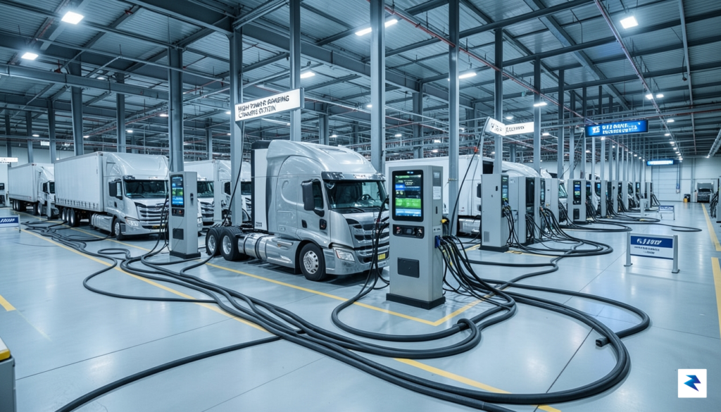A modern, industrial electric truck charging depot with multiple Class…
