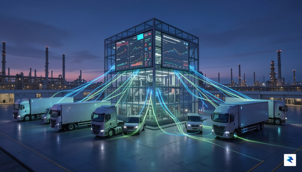 A digital visualization of an electric freight hub, featuring glowing…