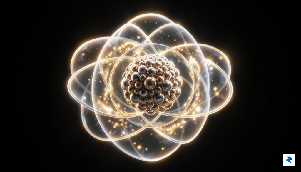 A conceptual 3D render showing an atomic nucleus at the…
