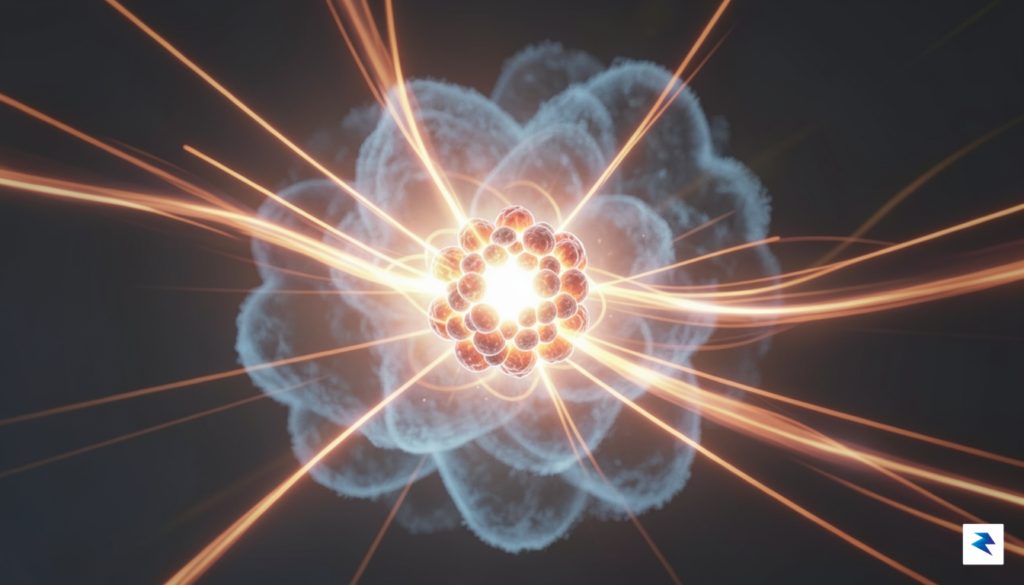 A conceptual digital illustration showing a glowing, dense atomic nucleus…
