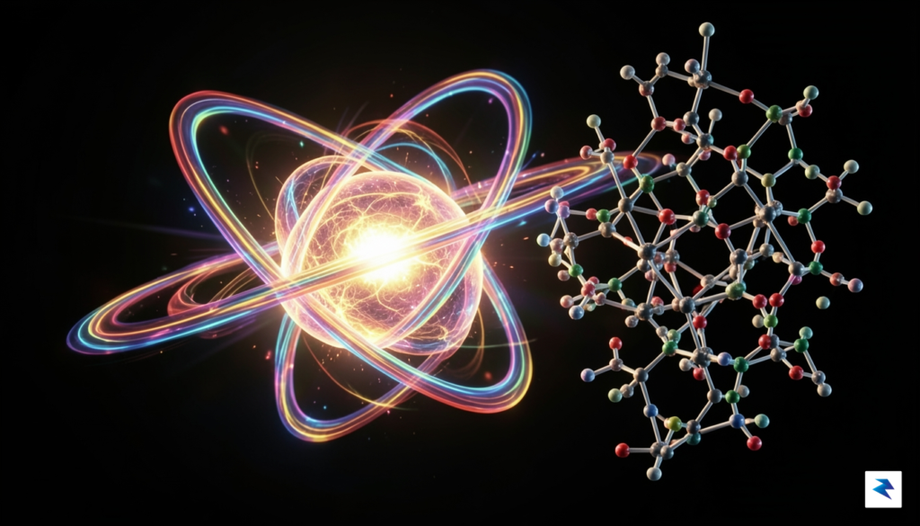 A conceptual digital illustration showing a glowing, heavy atom center…