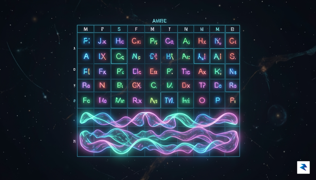 A conceptual digital illustration showing a futuristic, glowing periodic table…
