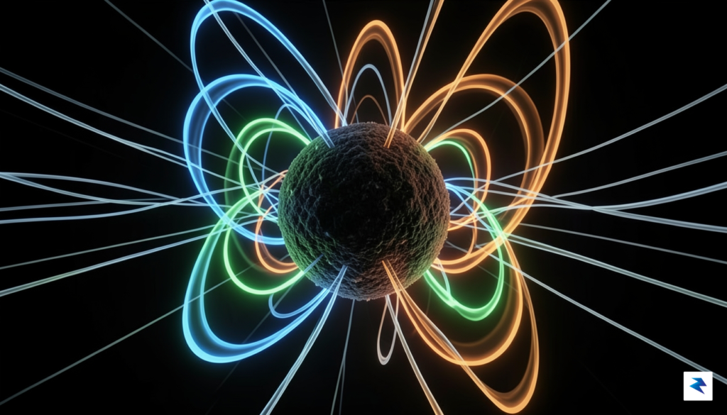 A conceptual visualization showing a heavy atomic nucleus surrounded by…