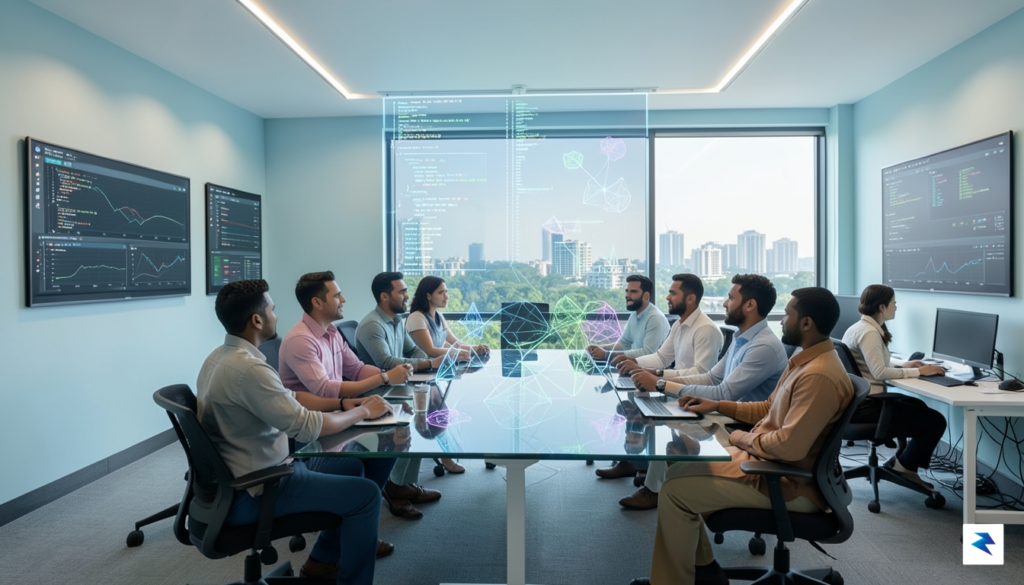 A vibrant, futuristic workspace in an Indian tech hub, featuring&hellip;