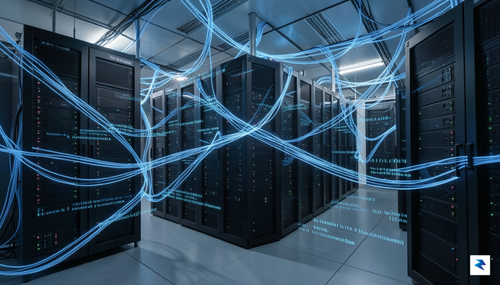 A modern, high-tech server room with glowing blue fiber optic&hellip;