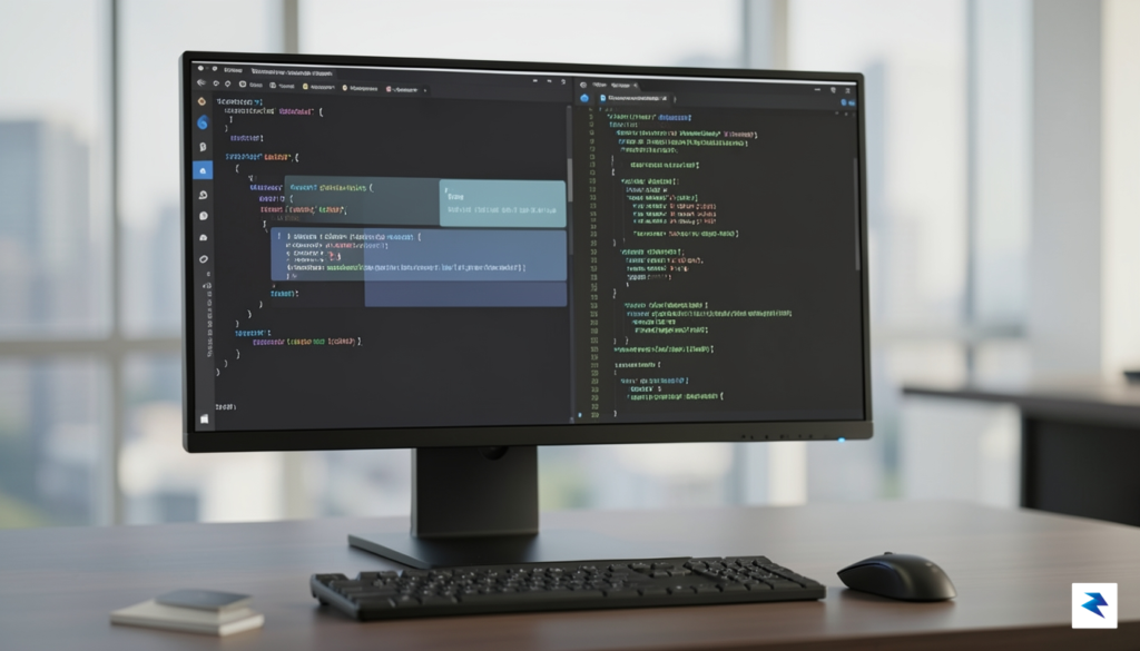 A modern, sleek developer workstation showing a split-screen interface where&hellip;