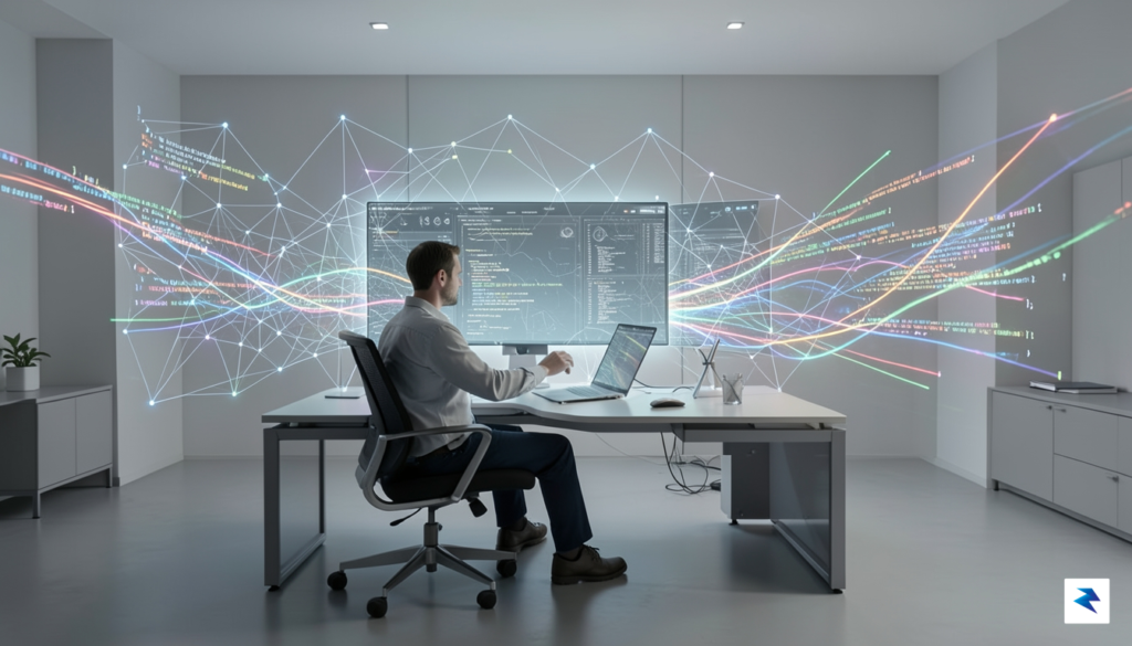 A conceptual digital illustration showing a human software architect sitting&hellip;