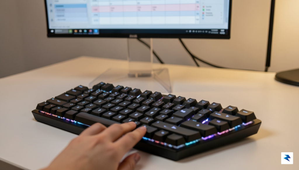 A close-up shot of a modern, full-sized mechanical keyboard featuring…