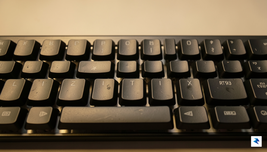 A close-up, top-down shot of the RT98 keyboard showing the…