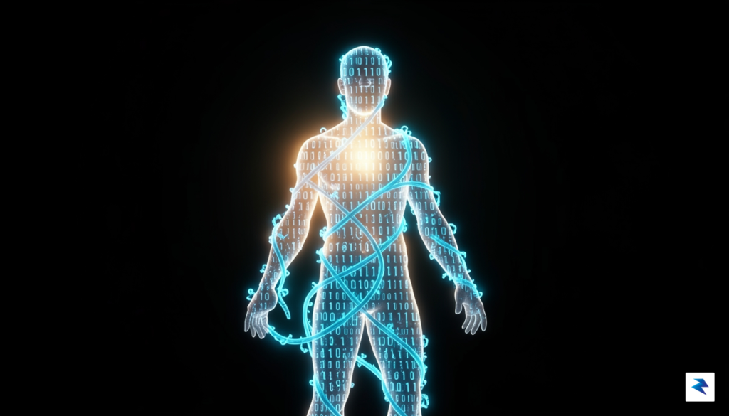 A conceptual digital art piece showing a transparent, glowing human&hellip;