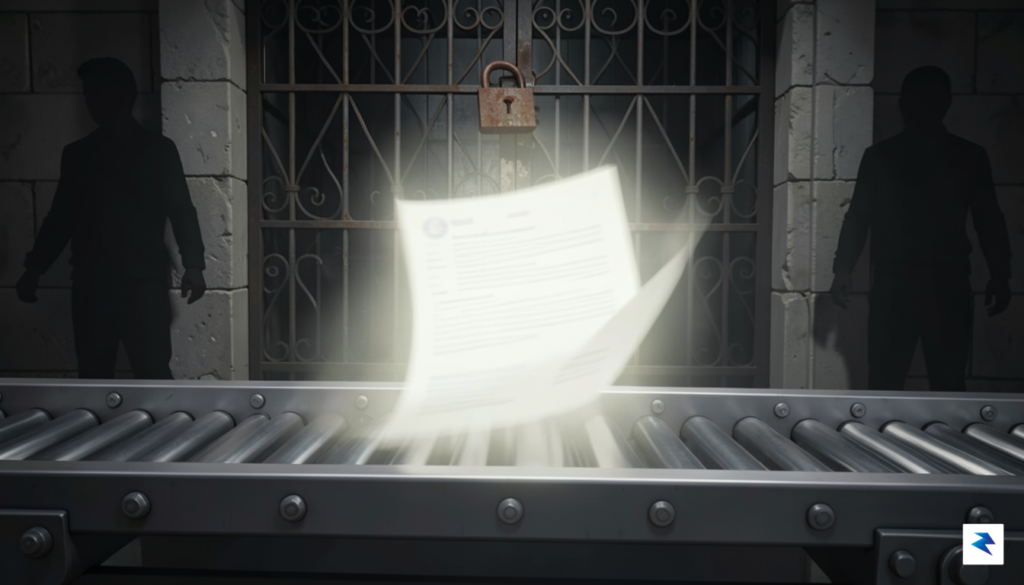 A conceptual digital illustration showing a translucent, glowing EU legislative&hellip;