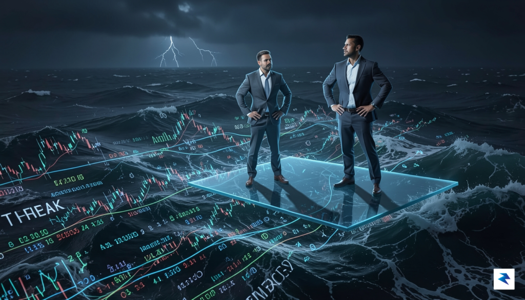 A digital illustration showing a retail trader standing on a&hellip;