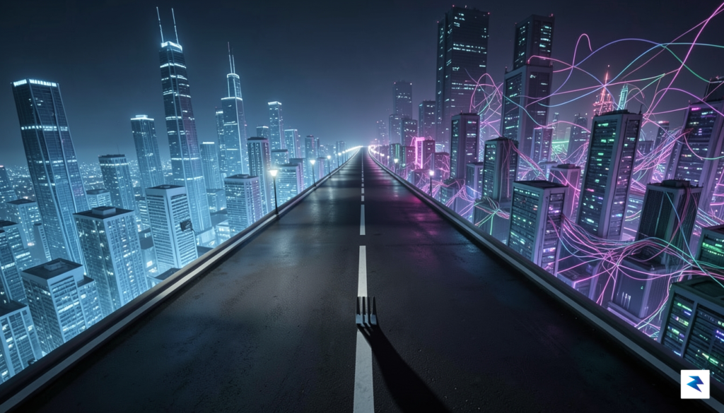 A conceptual illustration showing a digital fork in a road,&hellip;