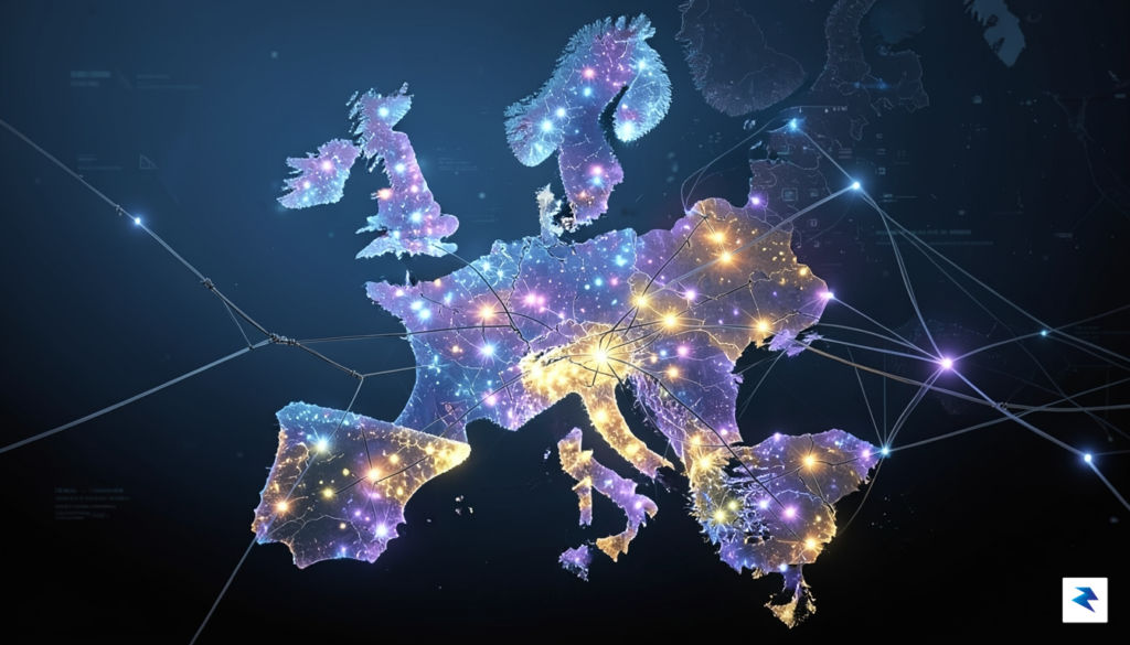 A conceptual digital map of Europe showing fragmented, glowing nodes&hellip;