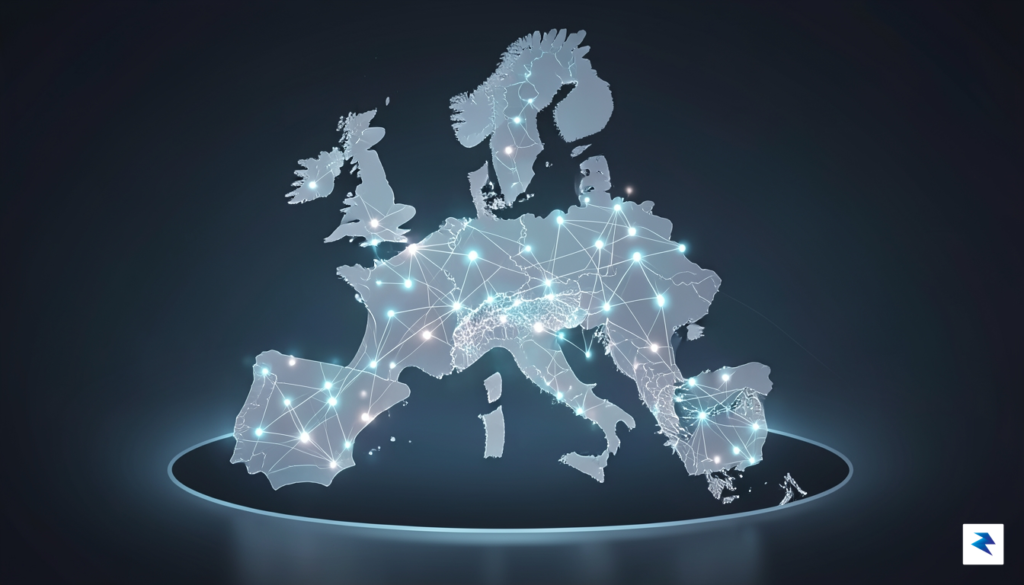 A conceptual digital illustration showing a stylized map of Europe&hellip;