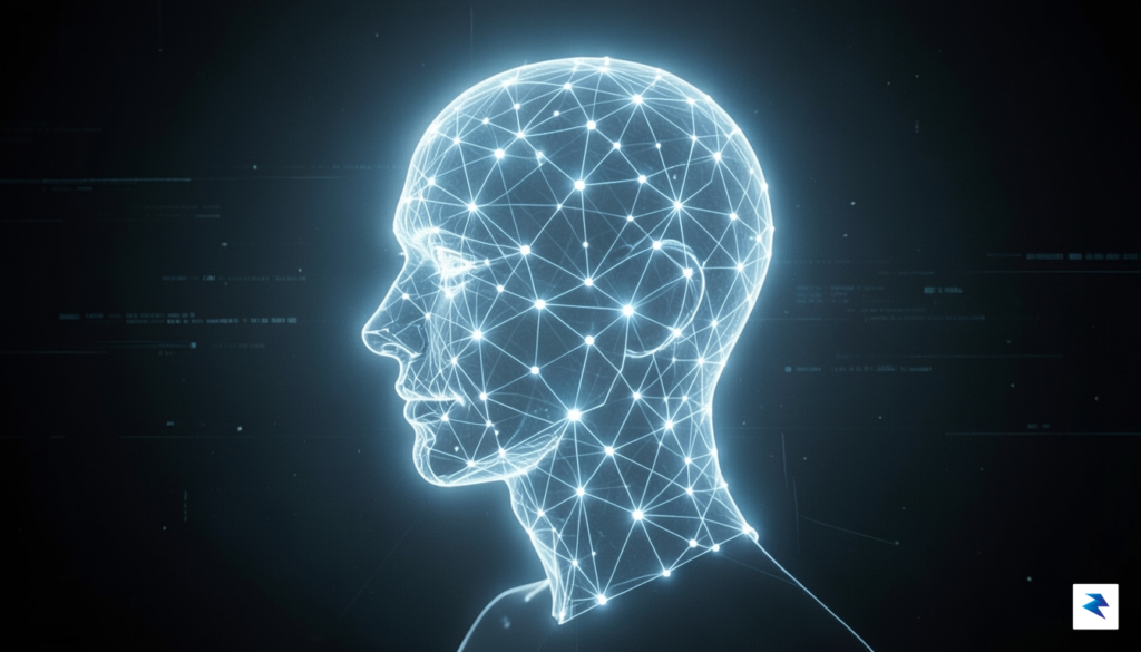 A conceptual digital art piece showing a glowing, translucent human…