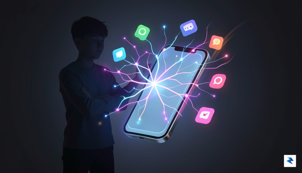 A digital illustration showing a glowing, colorful neural network connected…