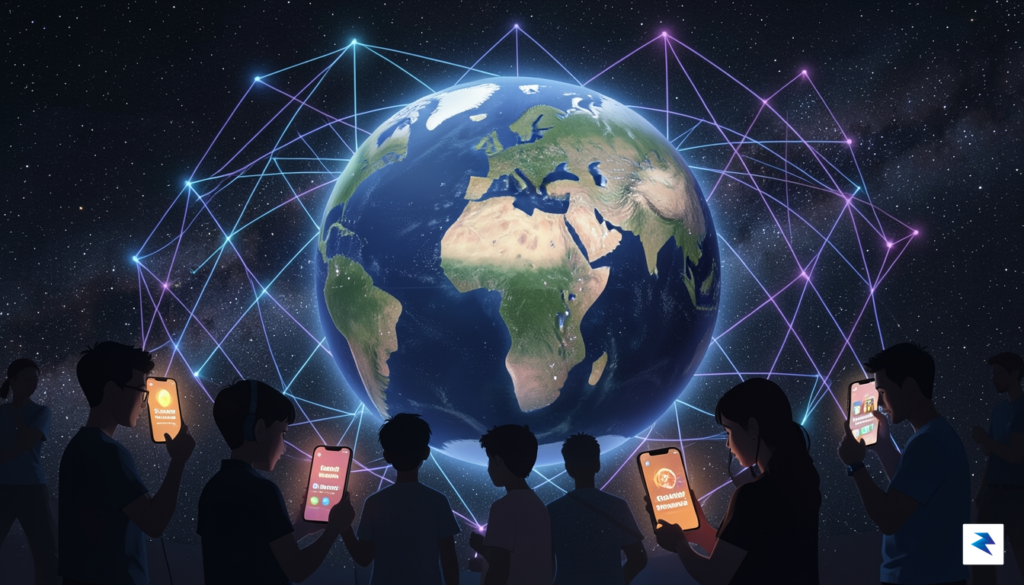 A digital illustration showing a globe connected by glowing fiber…