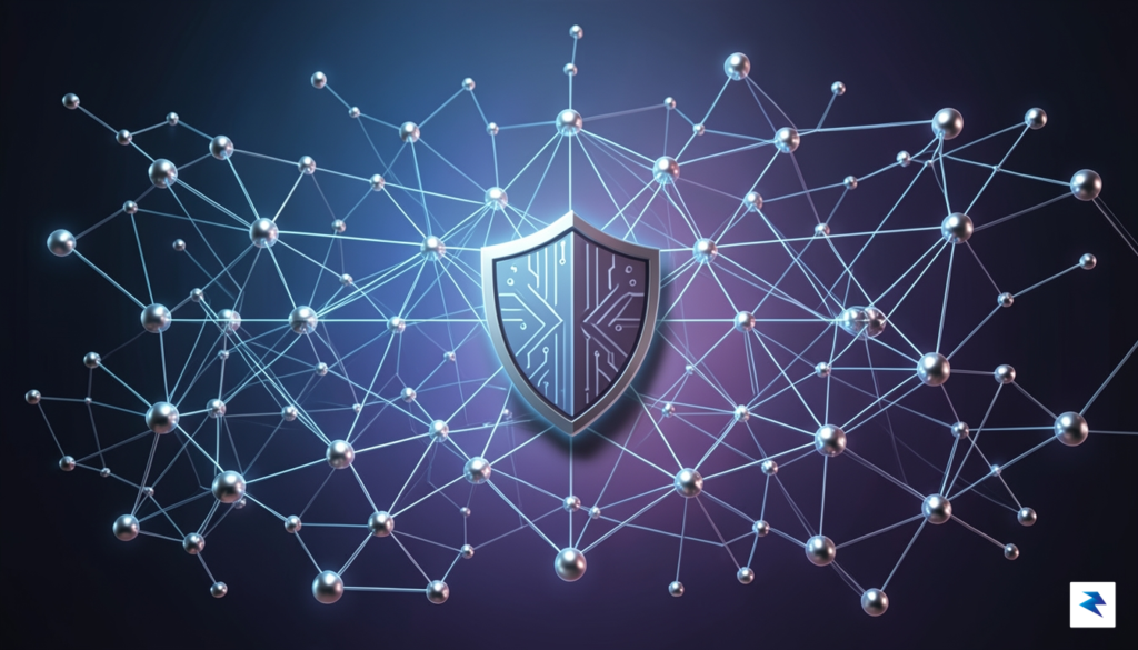 A digital conceptual illustration showing a complex web of interconnected…
