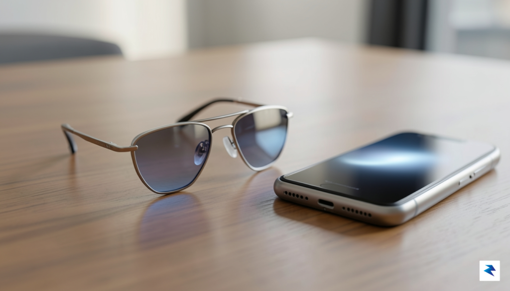A sleek, futuristic pair of smart glasses resting on a…