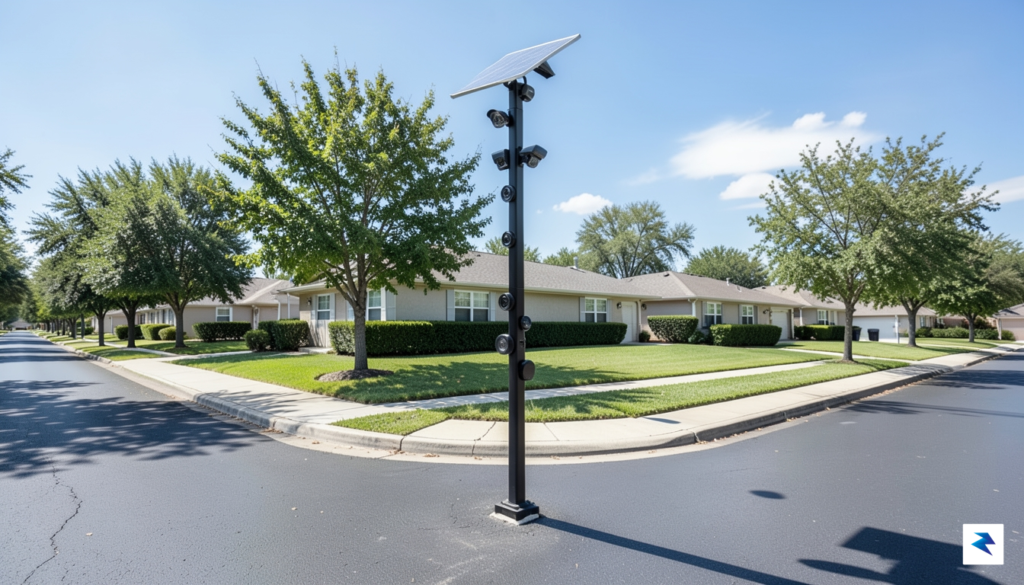A wide-angle shot of a suburban street corner featuring a&hellip;