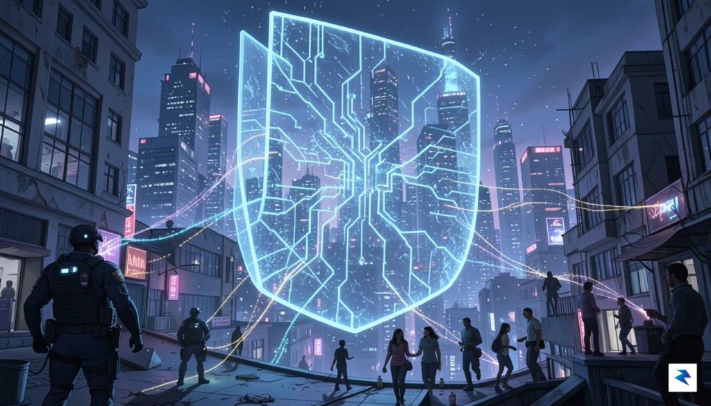 A conceptual illustration showing a digital shield protecting a city&hellip;