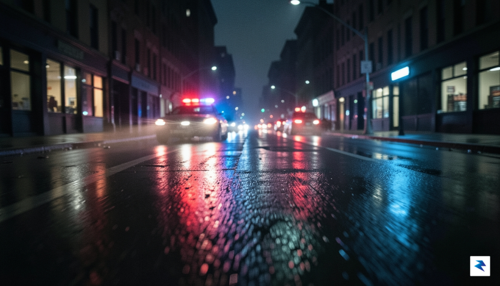 A somber, high-contrast photograph of a blurred urban street scene…