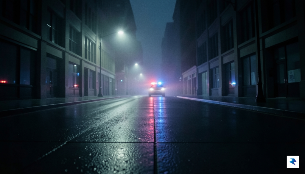 A conceptual photograph of an empty, dark city street at…