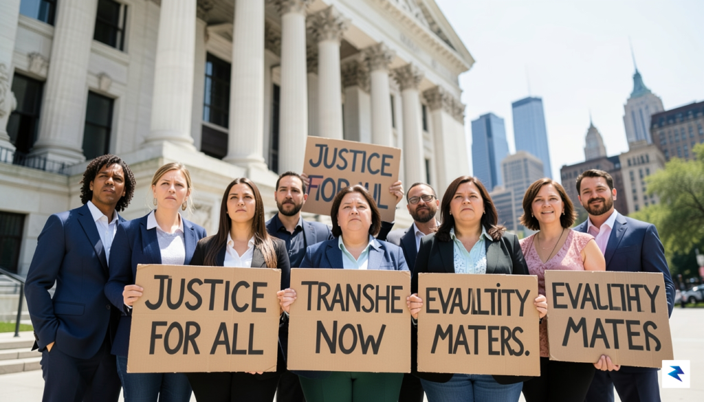 A wide-angle photograph showing a group of diverse community activists…