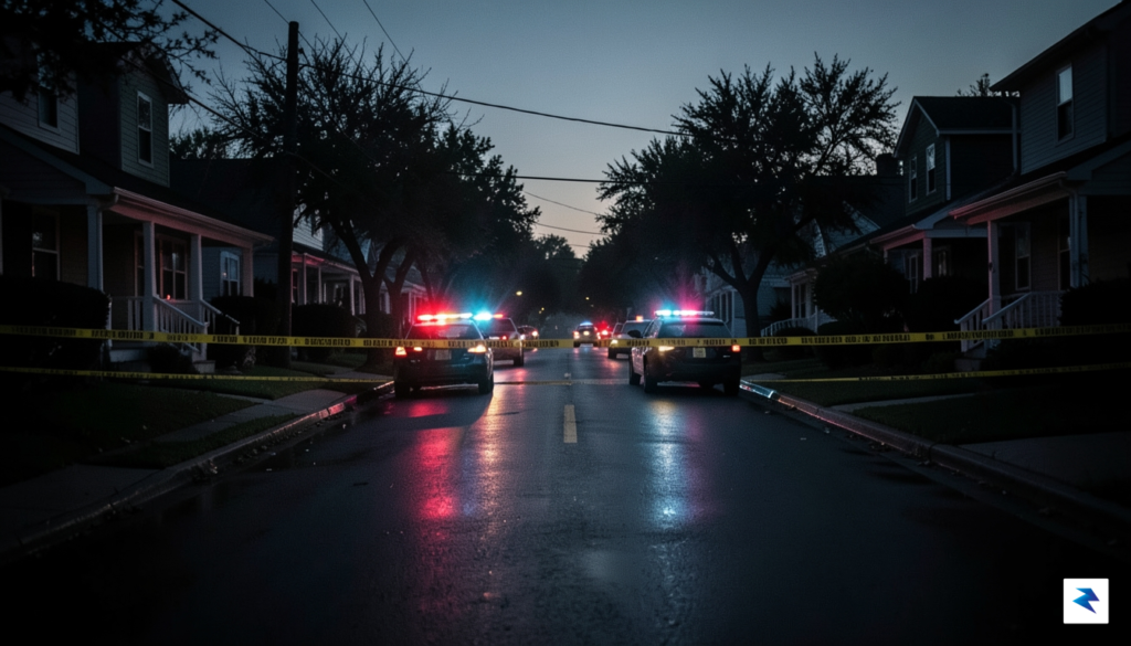 A somber, high-contrast photo of a cordoned-off street in a…