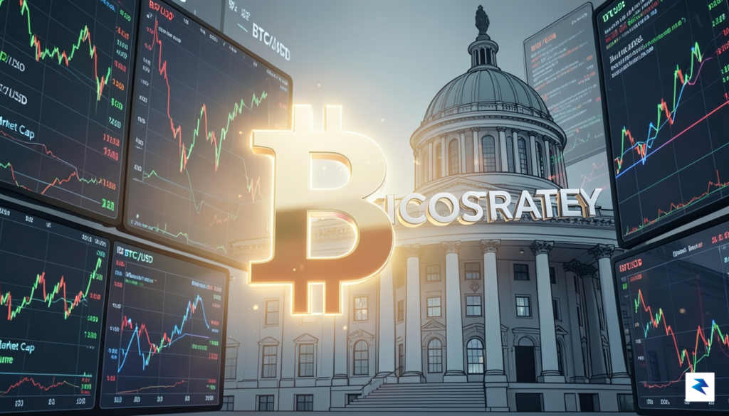 A digital illustration showing a glowing Bitcoin symbol merging into…