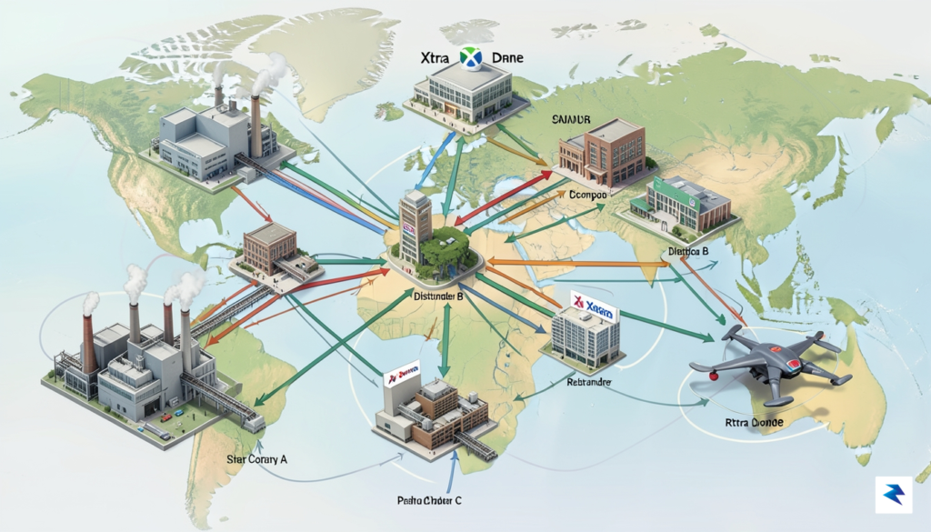A detailed diagram showing a complex supply chain. It starts…