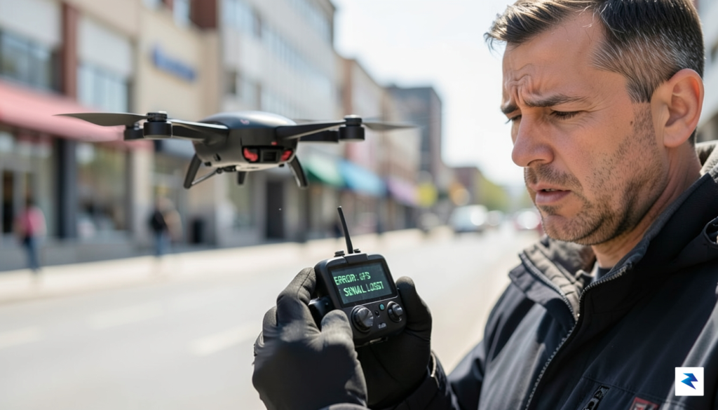 A drone pilot looking concernedly at their drone, which displays…