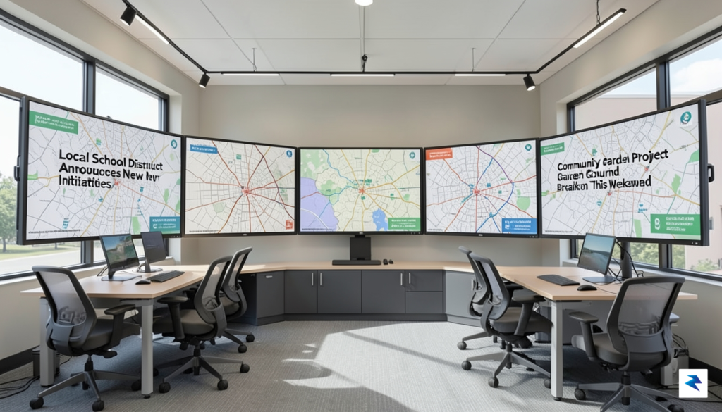 A modern digital newsroom with multiple monitors displaying various local&hellip;