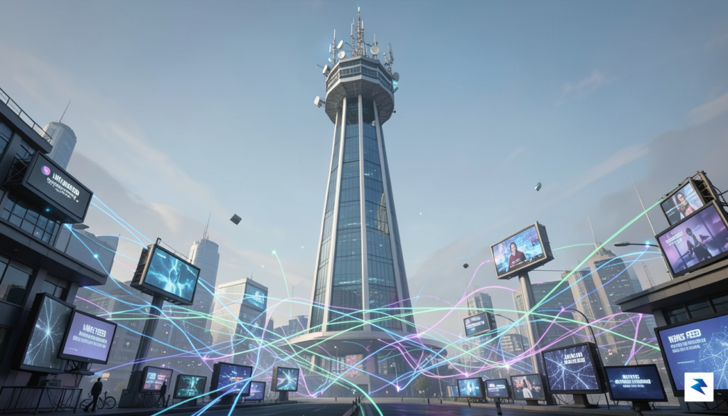 A wide-angle digital illustration showing a futuristic broadcast tower overlooking&hellip;