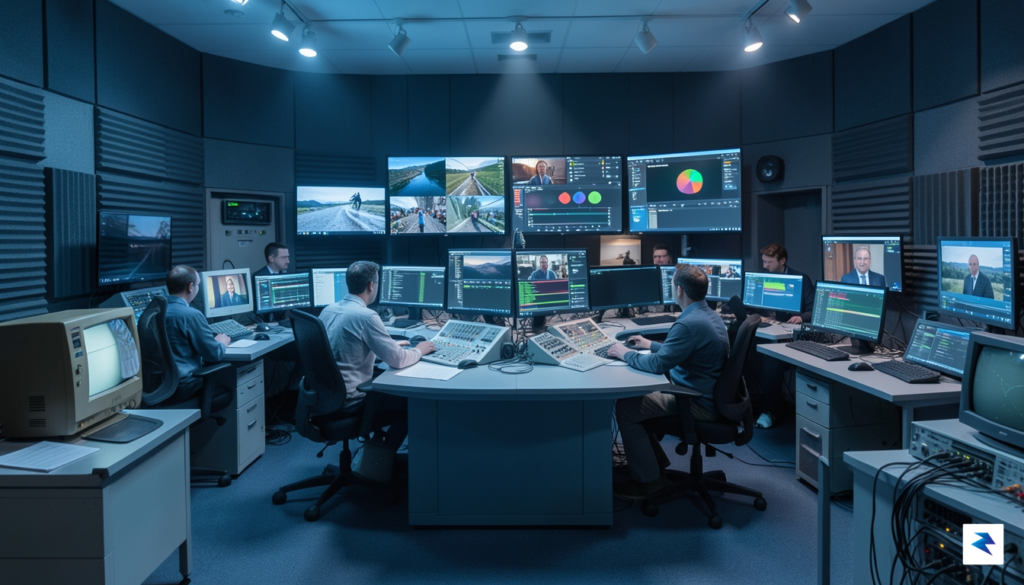 A modern broadcast control room featuring a mix of traditional&hellip;