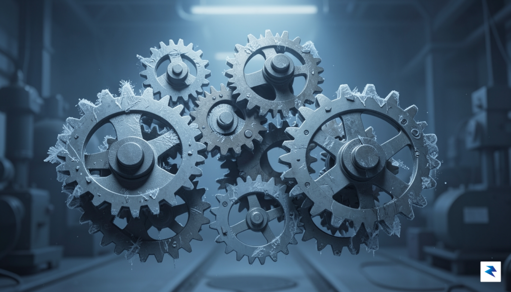 A conceptual digital illustration showing a series of interconnected gears…