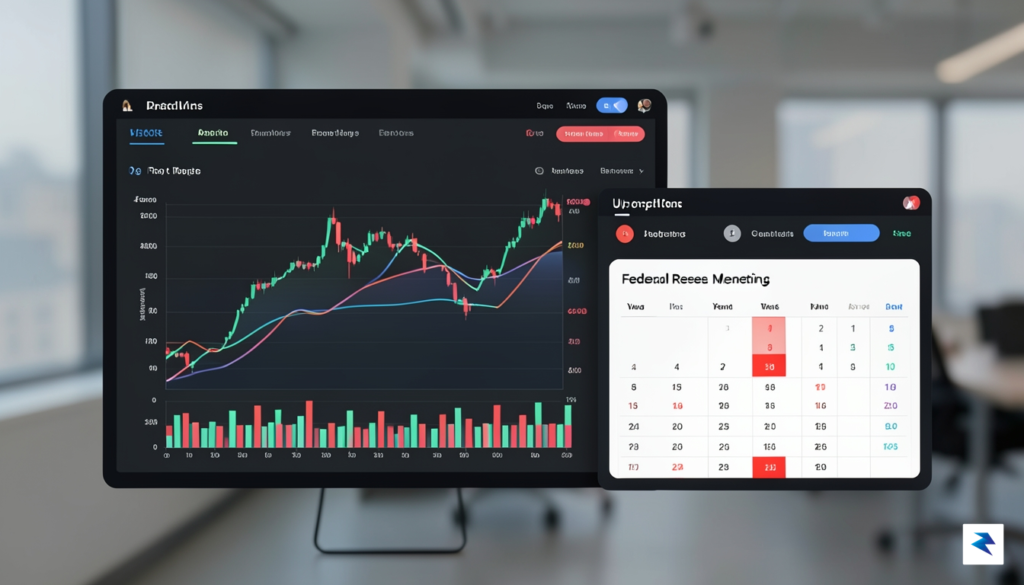 A modern, minimalist digital dashboard showing fluctuating financial charts and…
