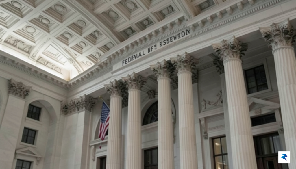 A professional photograph of the interior of the Federal Reserve…