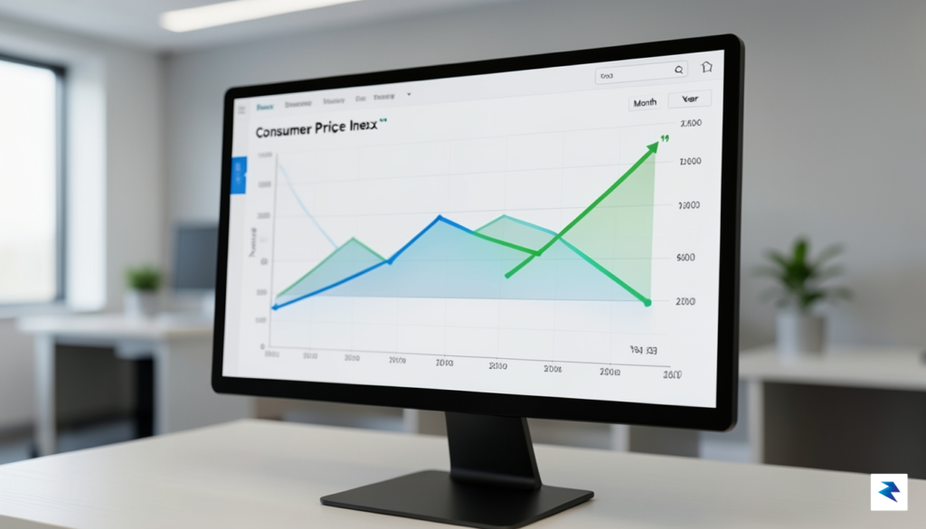 A close-up, professional shot of a digital economic dashboard showing…