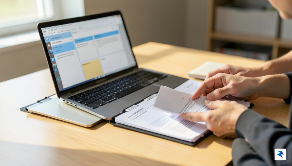 A close-up of a person organizing digital and physical files&hellip;