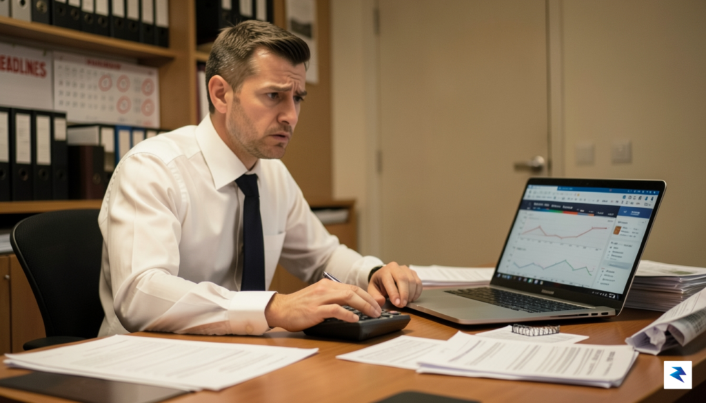 A close-up, high-quality photograph of a stressed professional sitting at&hellip;