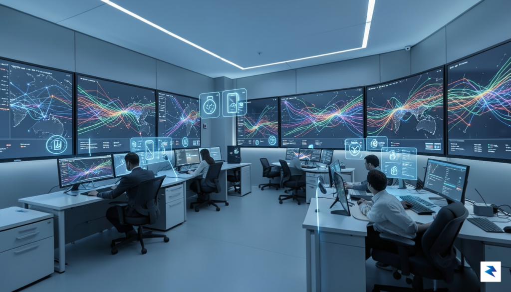 A modern, high-tech cybersecurity operations center with digital displays showing…
